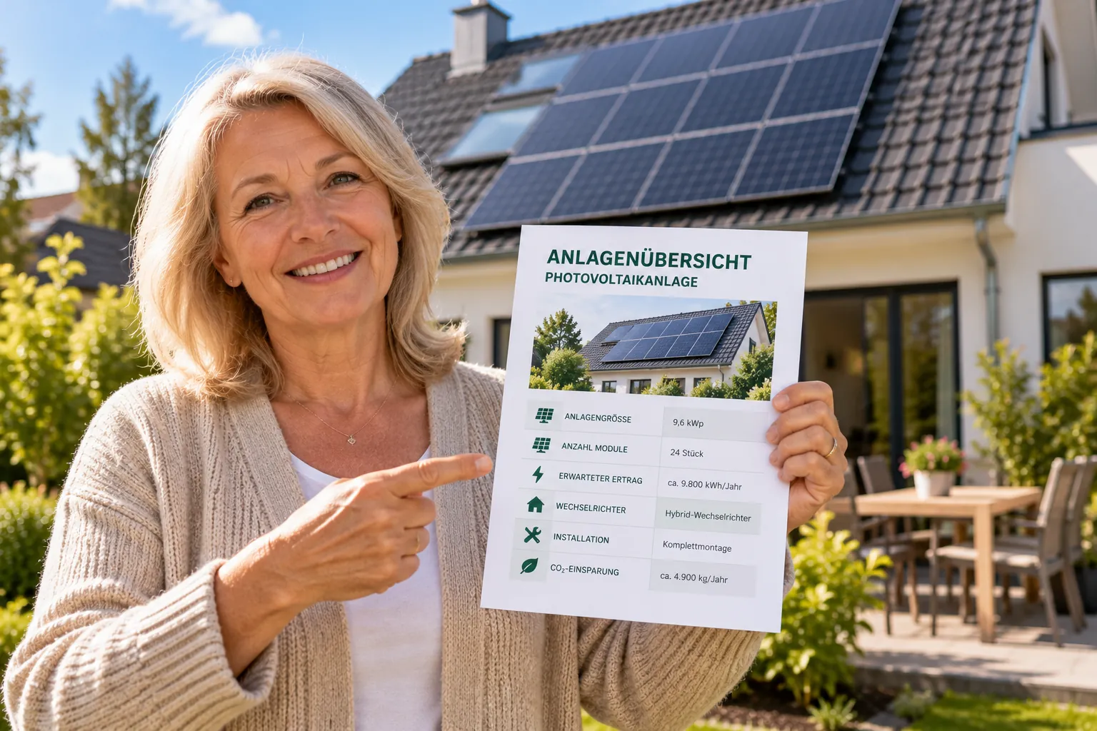 Hausbesitzerin mit Anlagenübersicht für ihre Photovoltaikanlage