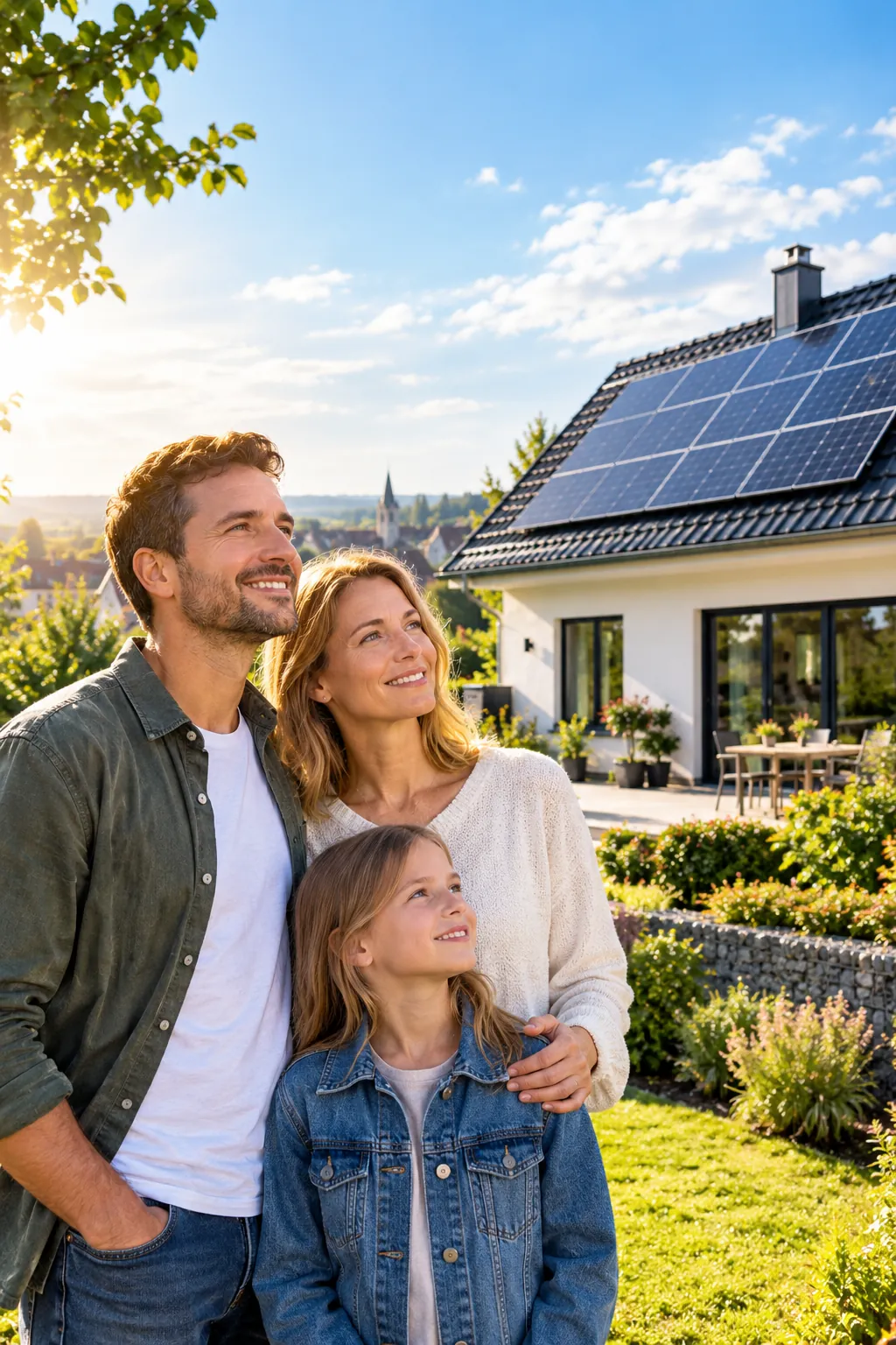 Familie vor ihrem Einfamilienhaus mit Photovoltaikanlage in einem deutschen Wohnort