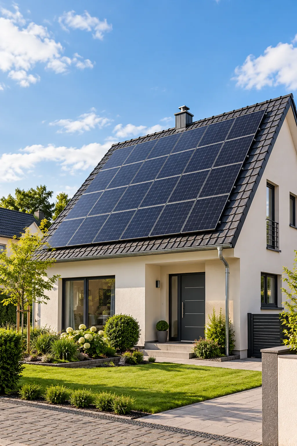 Deutsches Einfamilienhaus mit Photovoltaikanlage auf dem Dach