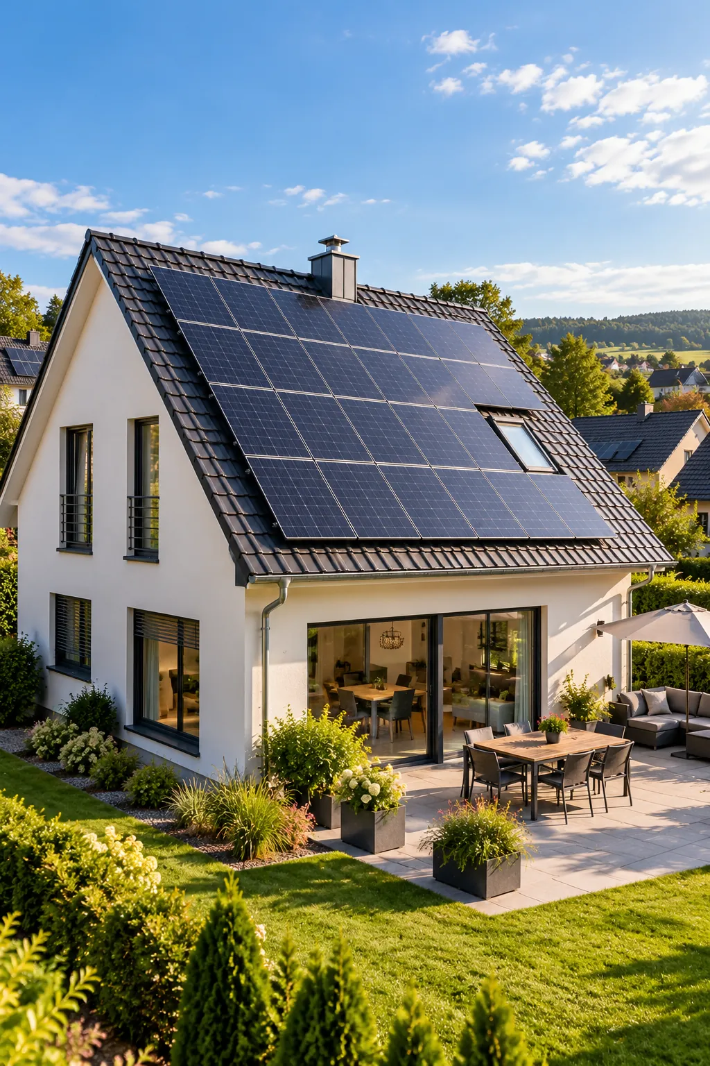 Einfamilienhaus in Deutschland mit Solarmodulen auf dem Steildach