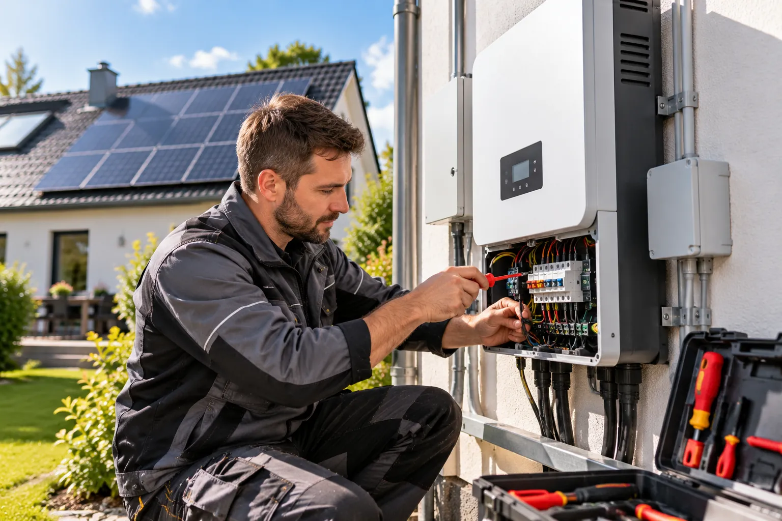 Techniker prüft den Wechselrichter einer Photovoltaikanlage